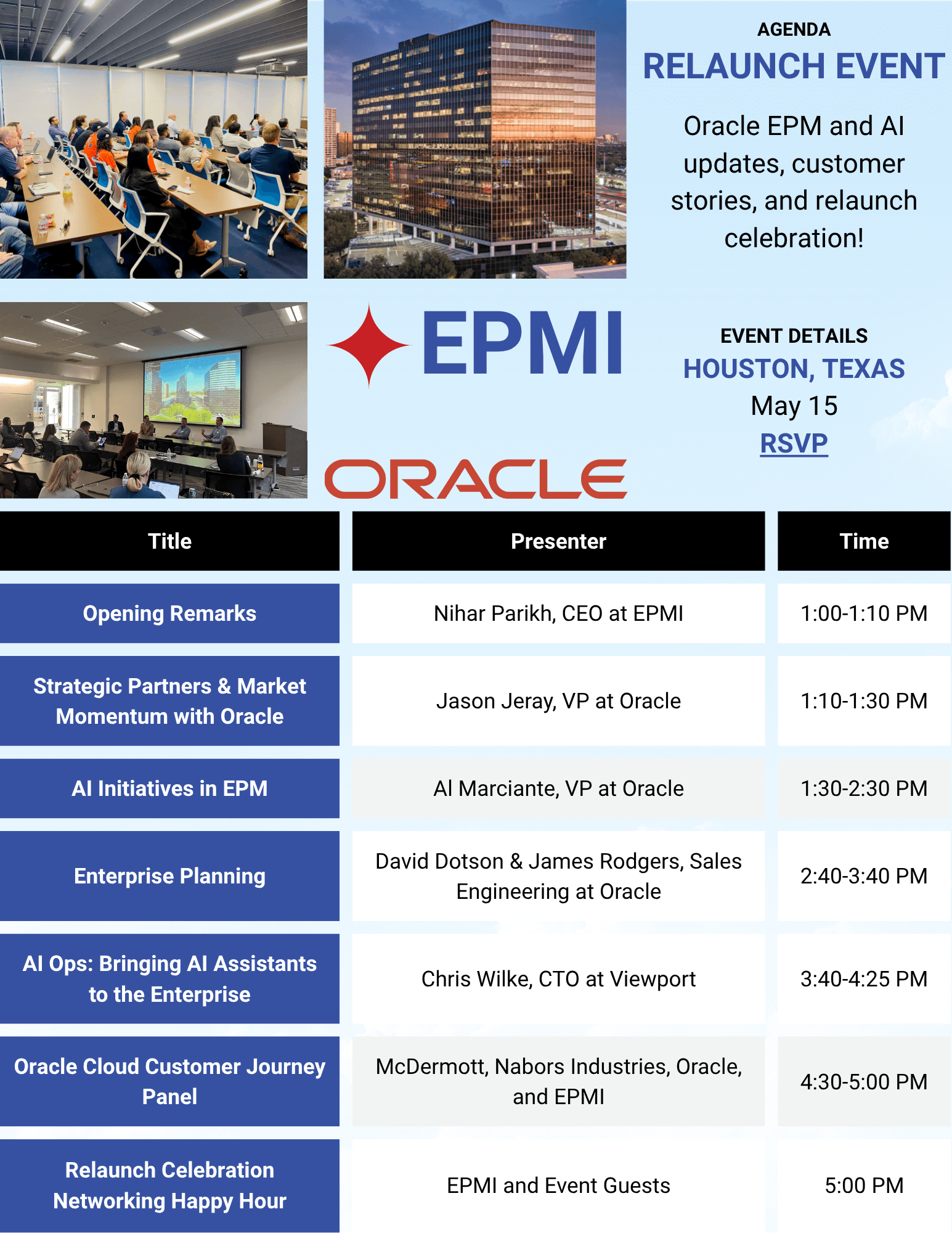EPMI Relaunch Event May 15 Houston Final Agenda EPMI Relaunch Event May 15 Houston Final Agenda